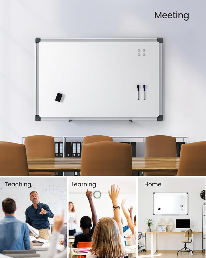 VUSIGN 6PCS Magnetic White Board Kit for Wall 36" x24", 6 Dry Eraser & 12 Multicolor Markers & 24 MagneticPins, Sliver Reinforced Aluminum Frame for Home, School, Office