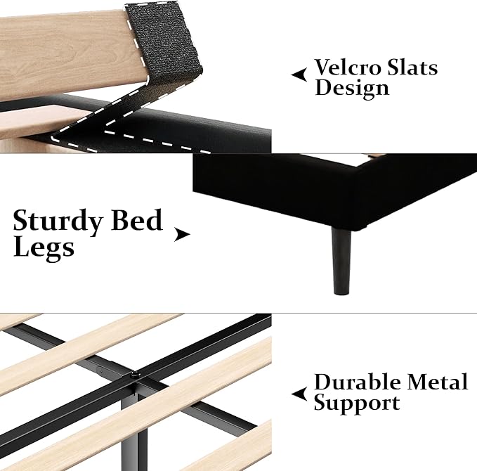Twin Size Bed Frame with Upholstered Wingback Headboard, Easy Assemnly Platform Bed, Wooden Slat Support No Box Spring Needed, Black