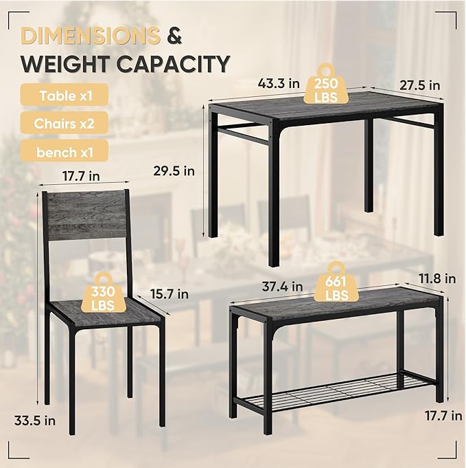 Shahoo Kitchen Table and 2 Chairs for 4 with Bench, 4 Piece Dining Sets for Small Space, Grey Wash