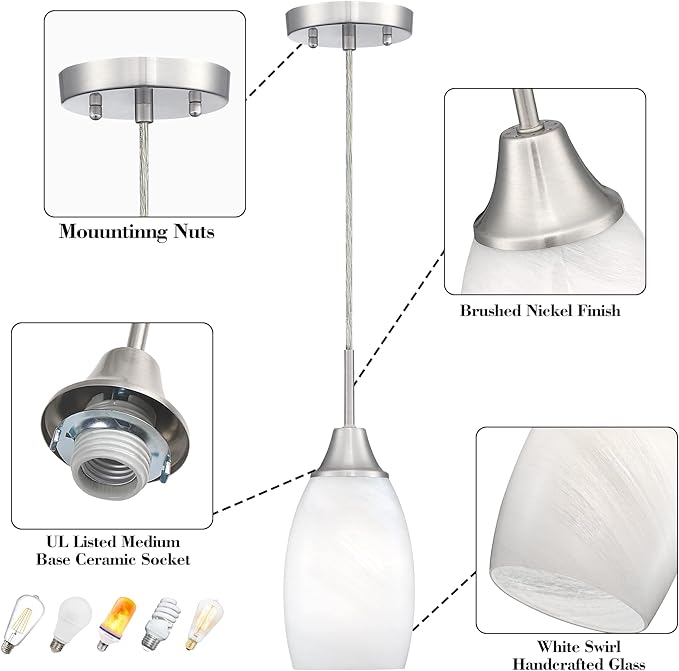 Mini Glass Pendant Light 1-Light with Handblown White Swirl Art Glass Adjustable Cord Brushed Nickel Finish 4.72" Modern Hanging Pendant Light for Kitchen Dining Room Living