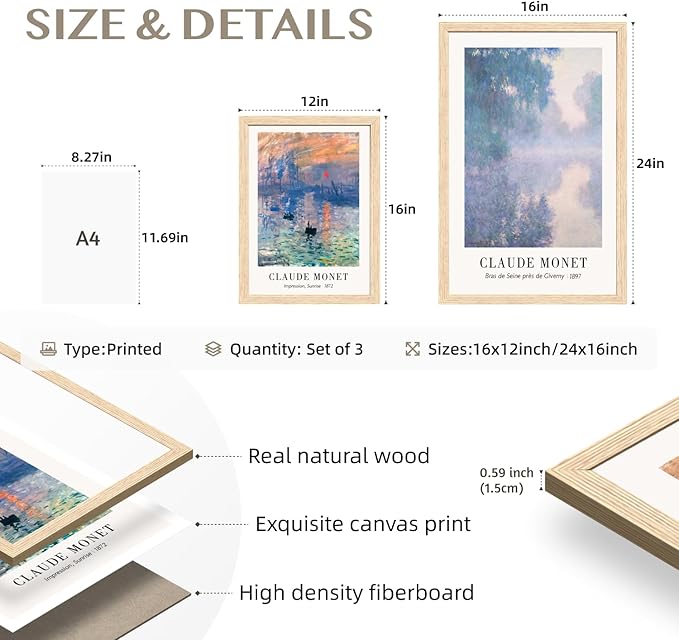 Cyebmo Vintage Botanical Wall Art Set of 3, Claude Monet Water Lilies Art Prints, Impression Sunrise Water Lilies Seine River Poster Prints for Living Room Bedroom Bathroom Wood Framed 12"x16"x3