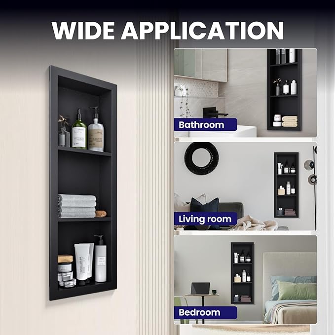 Stainless Steel Shower Niche 12" X 36",3-Tier Recessed Wall Niche No Tile Needed Shower Shelf for Bathroom Storage (Black, 12 x 36)