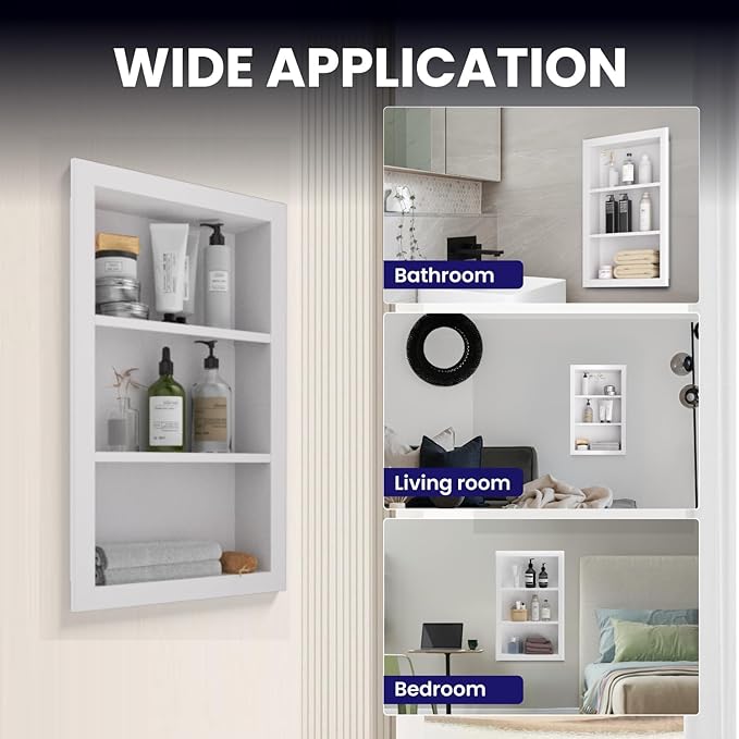 Stainless Steel Shower Niche 14" X 24",3-Tier Shelf Niches Bathroom Shelf Recessed Wall Niche No Tile Needed Shower Shelf for Bathroom Storage (White, 14 x 24)
