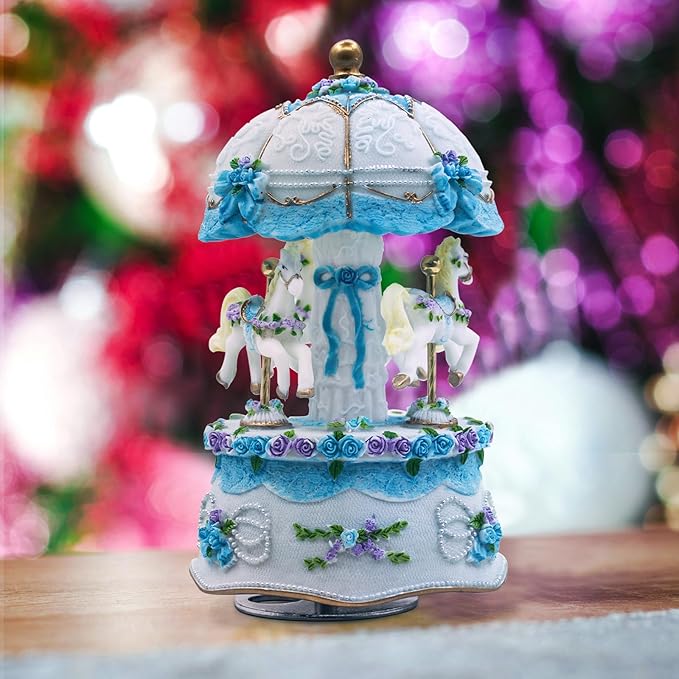 Carousel Music Box,Luxury Color Change LED Light Music Box,Luminous Rotating 3-Horse Musical Box with Gift Box for Girls Birthday Valentine Gift (Castle in The Sky, Blue)