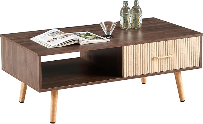 Mid Century Wooden Coffee Table with Stripe Drawer,Modern 41" Large Center Table with Storage,Rectangular Walnut Wood Coffee Tables for Living Room, 2-Tier Cocktail Table, Solid Wood Legs