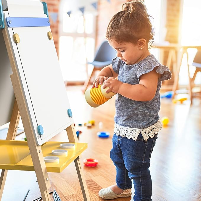 Art Easel for Kids 12 in 1 with Chalkboard & Magnetic Whiteboard - Height Adjustable, Frameless Design, Includes Paints, Brushes, Markers, Chalk, Eraser, Magnetic Letters, Paper Roll, and Storage Tray