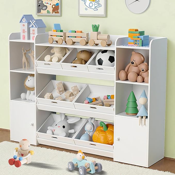 Kids Toy Storage Organizer with 7 Removable Storage Bins, 4 Open Compartments,55.7" W Large Toy Organizers for Playrooms, Bedrooms & Classrooms,Bright White