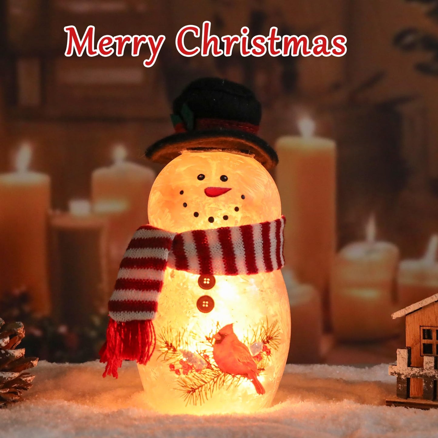 VCUTEKA Crackle Glass Snowman Lamp, Lighted Stained Glass Christmas Decoration with Red Cardinals, Scarf and Hat, LED Holiday Night Light for Xmas Home Décor or Gift