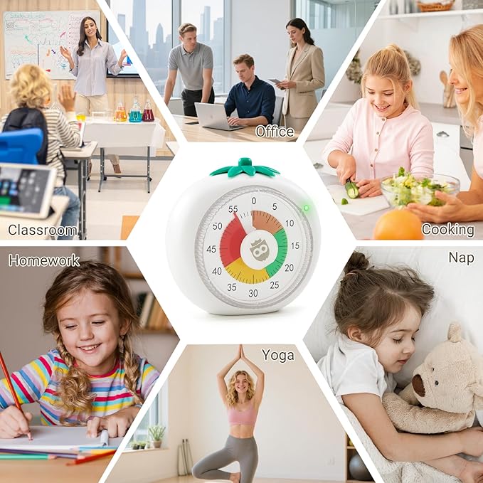 Visual Timer for Kids & Adults – 4-Color Zone Countdown Timer, 60-Min Silent Pomodoro Timer for ADHD Focus, Study, Cooking & Time Management Tool