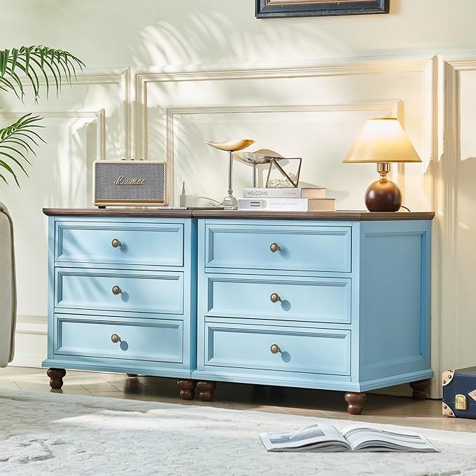 Farmhouse Nightstand with Charging Station, 24" Wide End Table with 3 Drawers,Light Blue Wood Dresser for Bedroom, Bed Side Table Chest of Drawers Cabinet,Night Stand for Living Room, Closet
