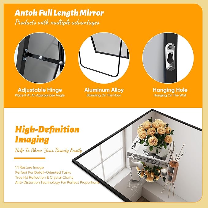 Antok Mirror Full Length, 61"x18" Big Floor Mirror, Oversized Full Body Mirrors with Stand for Bedroom, Living Room Cloakroom, Black, Rect Corner Style