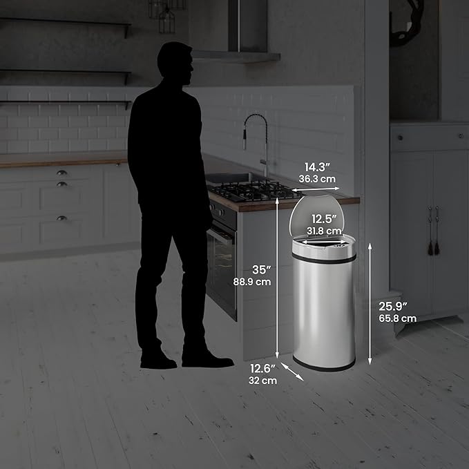iTouchless 13 Gallon Kitchen Trash Can with Odor Control System, Stainless Steel Extra-Wide Opening Touchless Automatic Garbage Bin, Brshed Silver, Semi Round, Sensor