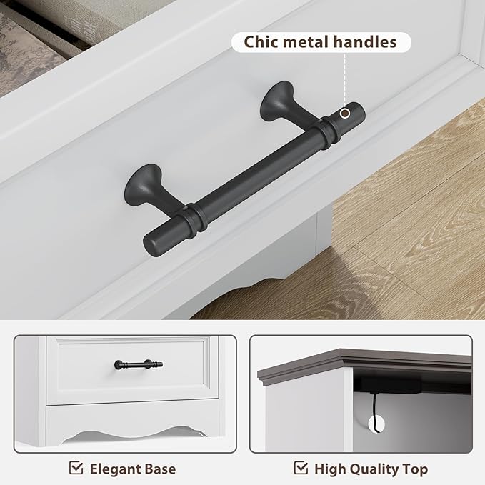 Set of 2 Farmhouse Nightstands with Charging Station, End Tables with 2 Drawers Storage, Space-Saving Wood Storage Cabinets with Unique Base Design, Bedside Tables for Bedroom, Living Room, White