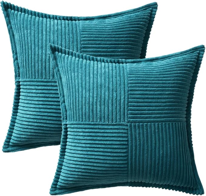 MIULEE Decorative Throw Pillow Covers for Couch Bed Livingroom 20x20 Inch Set of 2 Teal Blue Boho Accent Throw Pllows Broadside Striped Patchwork Soft Corduroy Summer Coastal Pillowcases