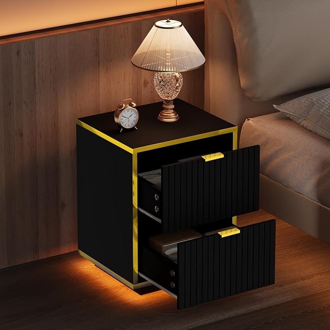 4ever2buy Black Nightstand with LED Lights, Morden Bedside Table with Gold Frame, Fluted Nightstand with Drawers, 18 Inch Night Stand with Storage, Side Table for Bedroom, Black and Gold