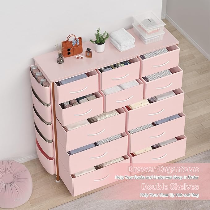 Dresser for Bedroom with 12 Drawers, Tall Dresser Chest of Drawers with 5 Side Pockets and Hooks, Wooden Top Fabric Dresser Storage Tower for Closet, Hallway, Living Room, Pink