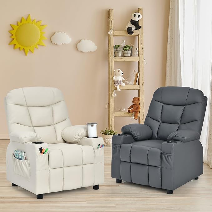 Kids Recliner, Kids Recliner Chair w/ 2 Cup Holders, PU Leather Kids Chairs Compy w/Adjustable Backrest & 3 Pockets, Toddler Furniture Sofa for Boys Girls Aged 3+ (Beige)