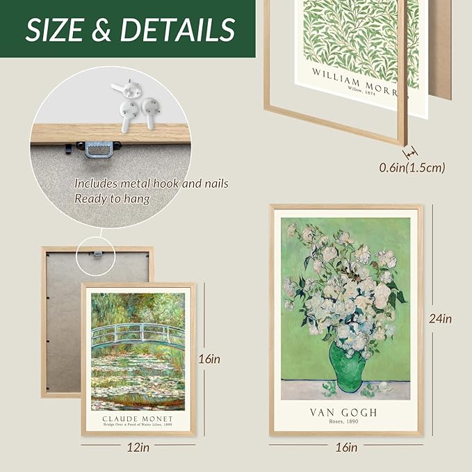 FASWQ Wood Framed Monet Van Gogh William Morris Wall Art, Grass Botanical Wall Decor, Mid Century Impressionist Canvas Paintings, Modern Green Landscape Poster Print for Living Room Bedroom 12"x16"x3