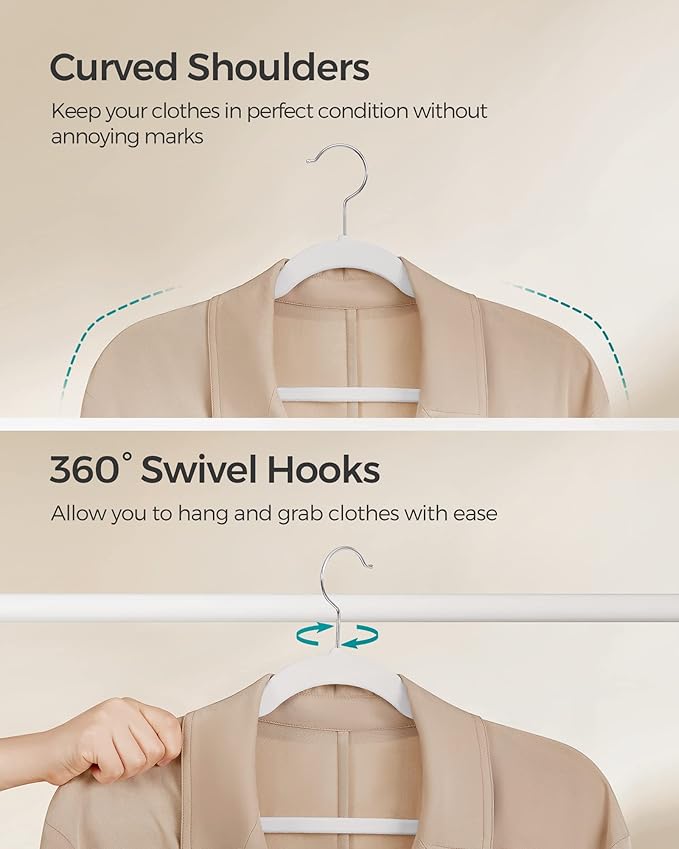 SONGMICS Velvet Hangers 50 Pack, Non-Slip Clothes Hangers, Suit Hangers with Shoulder Notches, Pants Bar, 360° Swivel Hook, Space-Saving, for Closet, Cloud White UCRF029W05