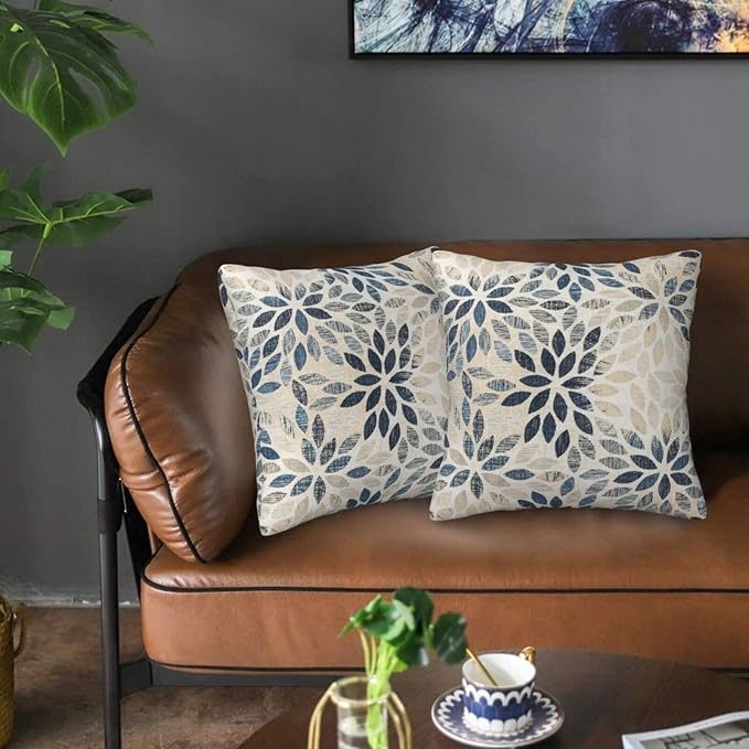 Dahlia Pillow Covers 24x24 Inch Set of 2 Summer Rust Geometric Flower Outdoor Decorative Throw Pillows Farmhouse Navy Blue Pillow Case Linen Square Cushion Cover for Home Sofa Bedroom Living Room