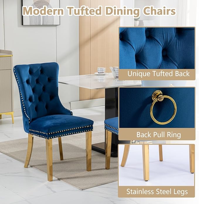 Goujxcy 5 Piece Round Glass Dining Table Set for 4, 47" Round Dining Table & Chair Set Modern Circle Glass Kitchen Table and 4 Velvet Upholstered Chairs for Kitchen Dining (Gold Table & Blue Chair)