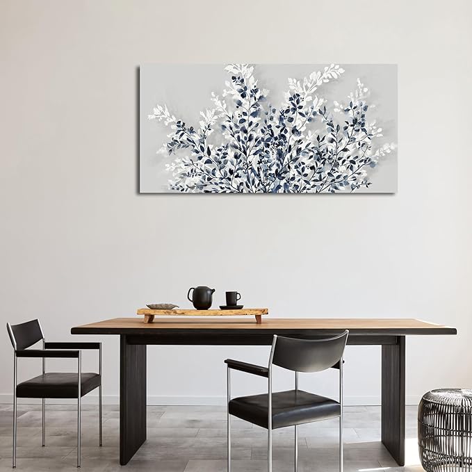 NINEASO Botanical Flowers Wall Art - Indigo Blue and White Floral Canvas Pictures Spring Blooming Painting Gray Background Printing Artwork Living Room Bedroom Home Office Wall Decor 24" x 48"
