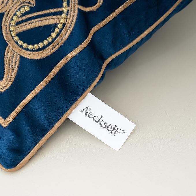 Aeckself European Floral Pillow Cover 24x24 Inch, Large Luxury Velvet Embroidered Decorative Throw Pillow Cover for Couch Bedroom Living Room, Navy Blue and Gold, Yw-OBYG-Blue6060