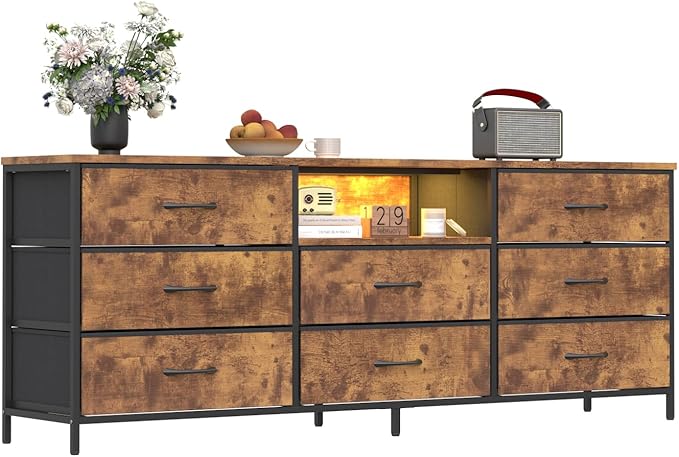 Loomie 63 Inch Dresser for Bedroom, Wide Long Fabric Dresser with LED Lights & 8 Drawers, Large TV Stand for 55, 65, 70 Inch TV, Entertainment Center with Storage (Rustic Brown)