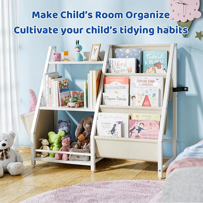 Kids Bookshelf and Toy Organizer, 3 Tier Bookshelf for Kids, Montessori Bookcase Book Shelf Rooms, Bedroom, Playroom, Nursery, Toy Storage Organizer with Bookshelf (White)