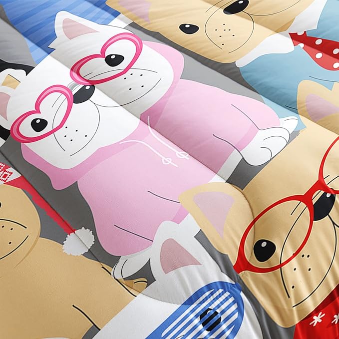Dog Comforter Bedding Set for Kids - Puppy Pug Cute Pattern Cartoon Career Pet Bedding With 1 Comforter and 2 Pillowcases (Full)