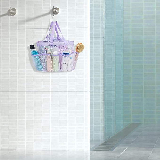 F-color Mesh Shower Caddy Portable with Drawstring - Upgrade Deeper 7 Pockets Dorm Room Essentials for Guys Girls with S Hook, Shower Bag Basket Tote for College Camping Bathroom, 2 Pack Purple & Pink