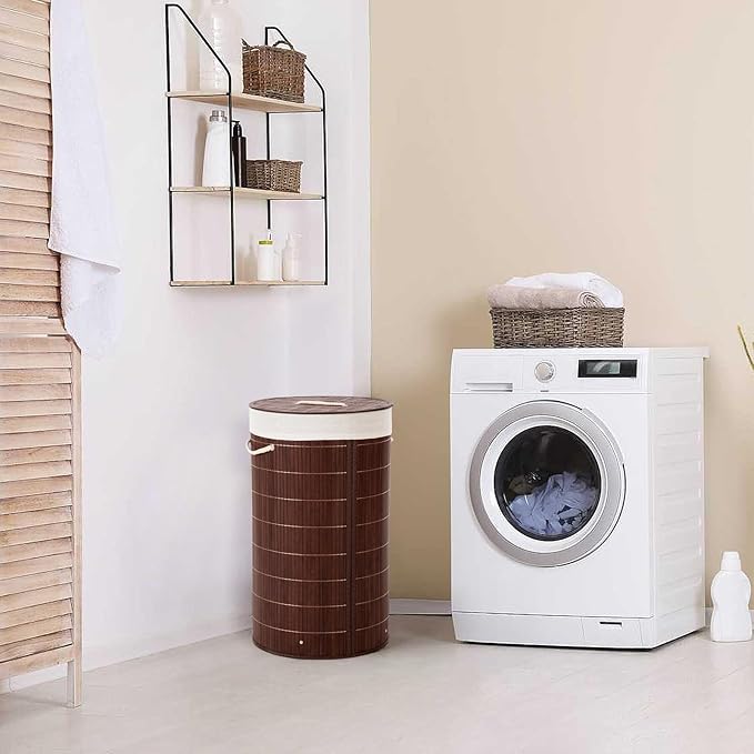 Laundry Hamper with Lid, Bamboo Laundry Basket with Handles & Removable Liner, 12.7 Gal (58L) Foldable Laundry Hamper for Laundry Room, Bedroom, Bathroom, Living Room (Round Brown)