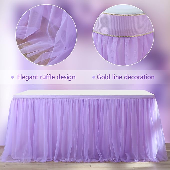 14ft Lavender Tulle Table Skirts for Rectangle Tables or Round Tables Lavender Ruffle Tutu Tablecloth for Girls Baby Shower Birthday Party Wedding Cake Dessert Table Decorations