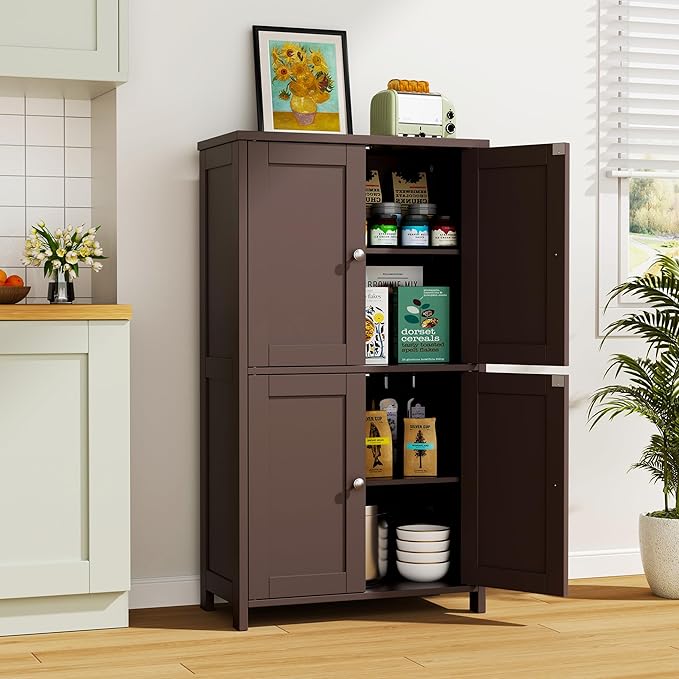 Vongrasig Bathroom Floor Storage Cabinet, Modern Storage Unit with 4 Doors and Adjustable Shelves, Freestanding Sideboard Cabinet for Bathroom, Kitchen, Living Room, Reddish Brown