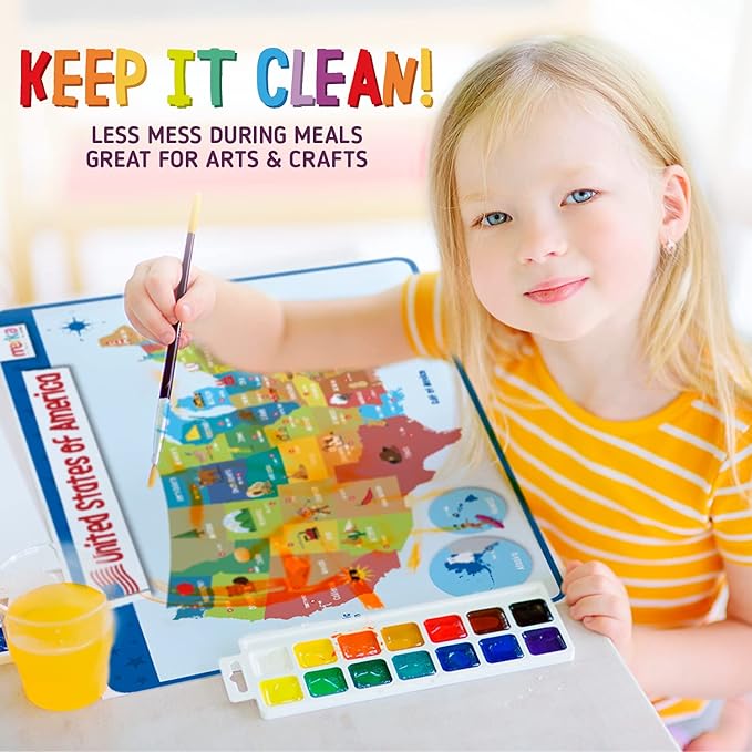 merka Placemats for Kids, 4 Pack Educational Placemat Mat for Dining Table, Non Slip, Washable Reusable, Learning US Presidents, Famous People, Periodic Table of Elements & USA Map v2