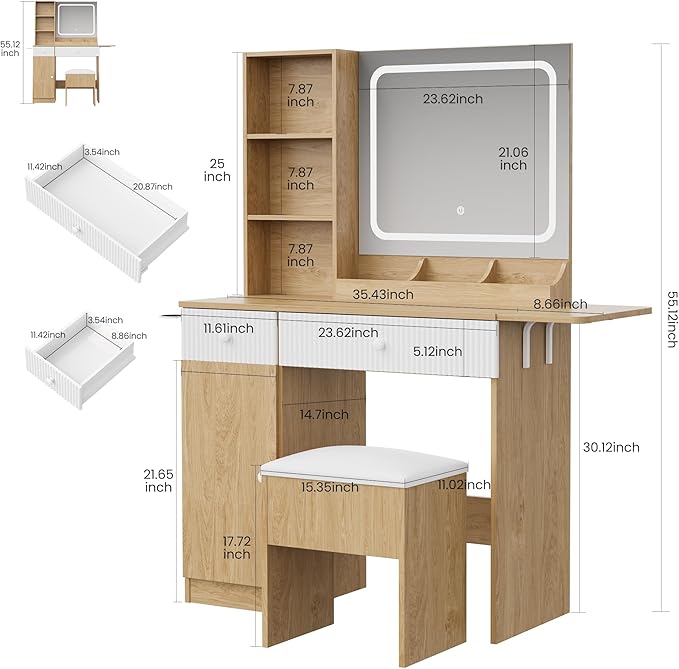 Vanity Desk with Mirror and Lights, Pink Makeup Vanity with Charging Station, Dressing Table Set with Storage Chair, Drawer Shelves, and Foldable Panel for Compact Space Bedroom (Nature Wood)