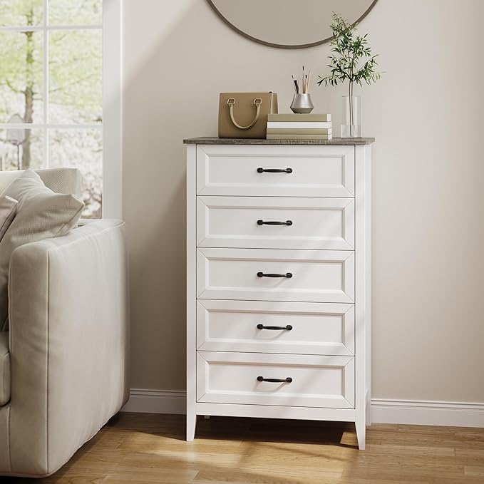 Gizoon 5 Drawer Dresser, 44.8" H Wood Chest of Drawers, White Dresser for Bedroom, with Smooth Rail, Metal Handles, Anti-tip Device, Modern Chest, for Living Room, Hallway, Grey