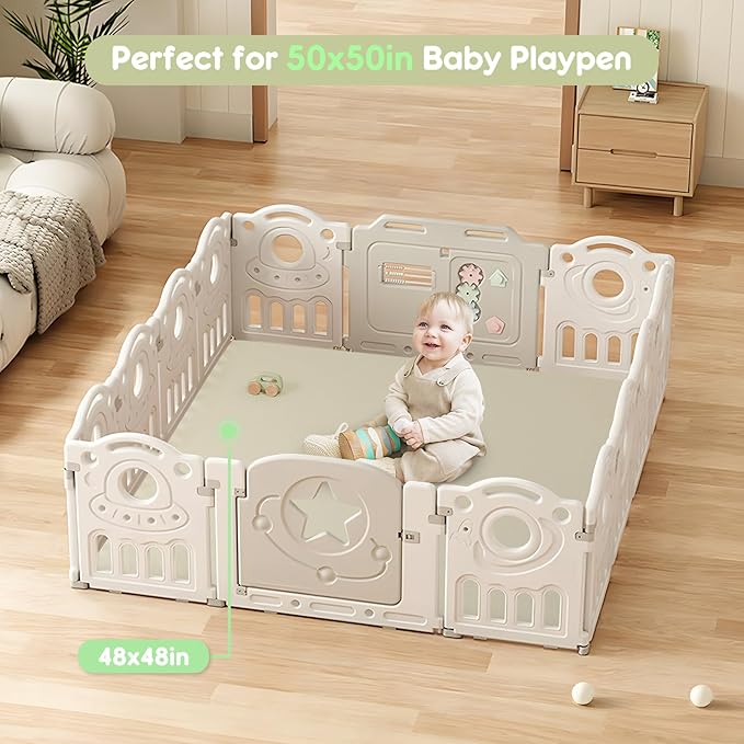 Padded Baby Play Mat, Super Soft Vegan Leather Baby Floor Play Mat, 48x48 Non-Slip Thick Foam Cushioned Play Mat for Babies 6-12 Months, Fits Nicely Into 50x50 Playpen Mat, Grayish Green