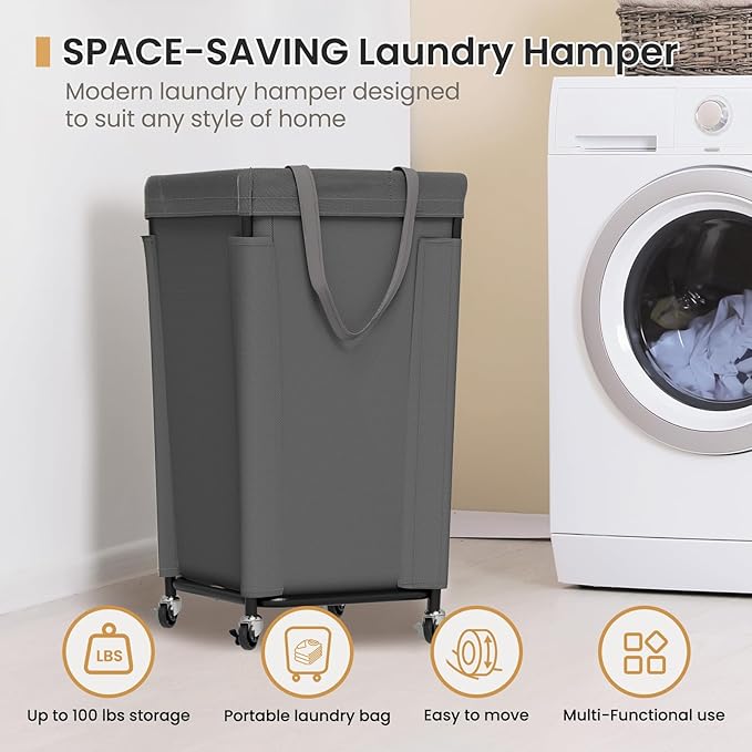 Laundry Basket with Wheels, Laundry Hamper with Removable Bag and Steel Frame, 160L Rolling Dirty Clothes Basket for Bedroom, Bathroom, Laundry Room (Gray)