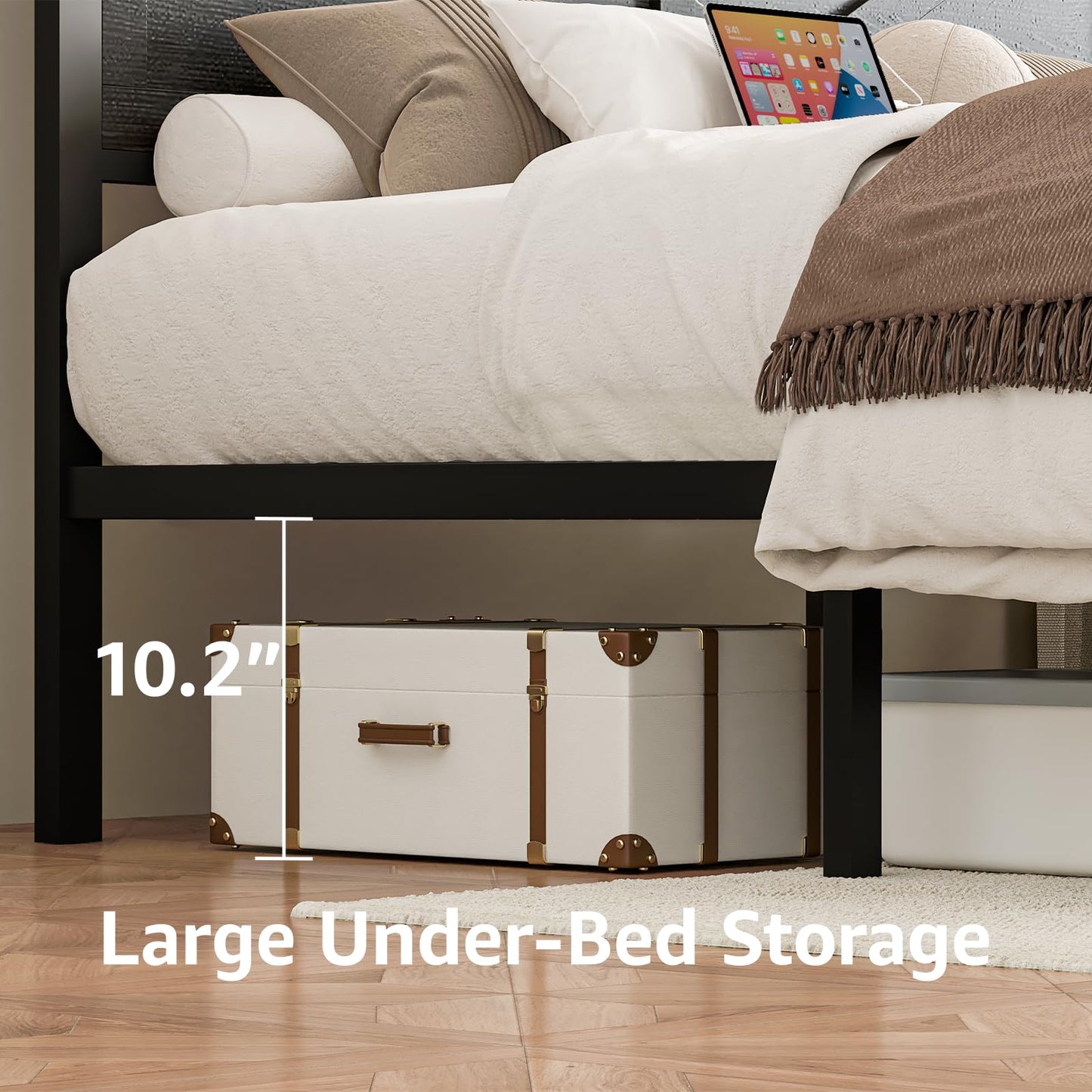 Rustic King Size Bed Frame with Storage Drawers, LED King Bed Frame with Barn Door Headboard and Charging Station, Metal Industrial Platform Bed Frames, No Box Spring Needed, Black