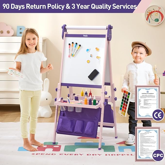 FUNLIO Foldable Anti-Warping Kids Art Easel, All-in-One for Kids Aged 3-8 with Paper Roll, 3 Height Adjustable Toddler Easel, Standing Easel with Magnetic Chalkboard/Whiteboard - Purple Foldable