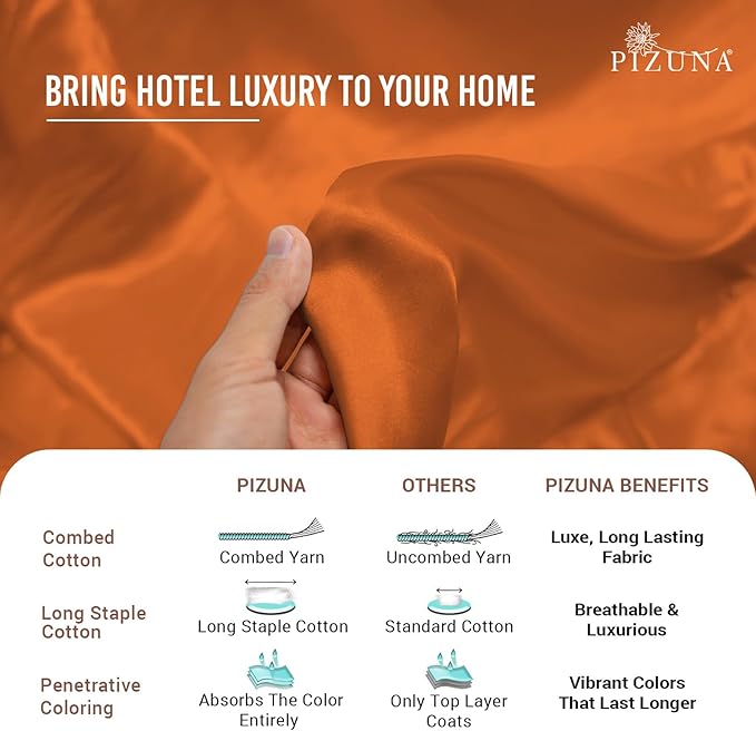 Pizuna Pure 100% Cotton King Duvet Cover Set, Luxurious 400 Thread Count Long Staple Cotton Sateen Weave with Button Closure (Combed Burnt Orange Cotton Duvet Cover King)