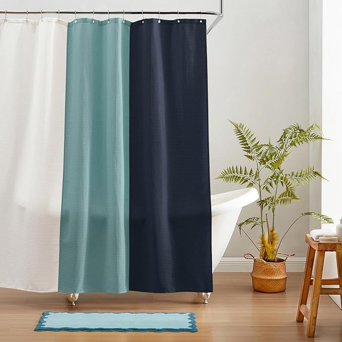 MONDAY MOOSE Bath Mat with Scalloped Wavy Ripple Design, Microfiber Absorbent Non Slip Tufted Rug for Floor, Shower or Kitchen (24x47 inch, Blue)