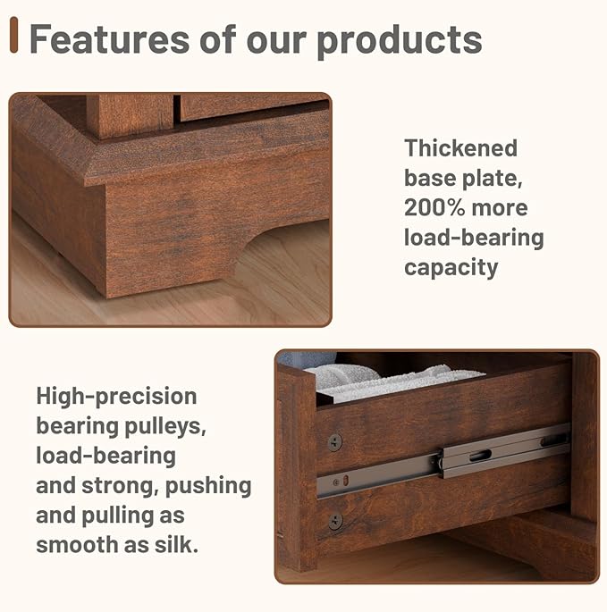 Nightstand with Charging Station Set, 24” Wide End Table with 3 Drawers Set of 2, Modern Bedside Table with Storage, Wood Small Dresser for Bedroom Living Room. (Cherry)