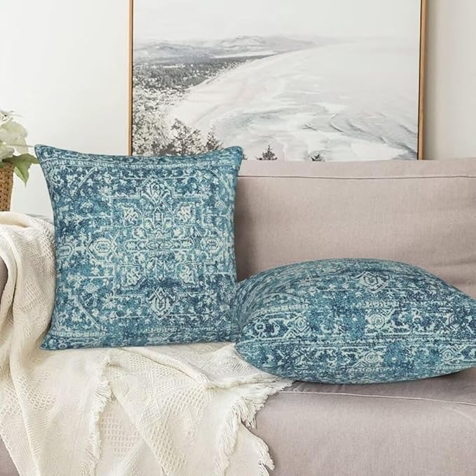 Teal Boho Pillow Covers 24x24 Set of 2, Bohemian Carpet Pattern Outdoor Decorative Throw Pillows Linen Ethnic Design Rustic Farmhouse Cushion Cases for Couch Sofa Decor