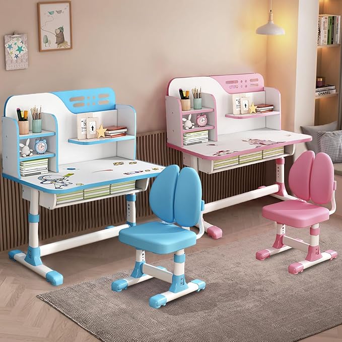 Small Desk, Standing Desk, Desk Chair Set, Height Adjustable Children School Study Table Chair Set with Astronaut Pattern, Ergonomic Desk Chair with Large Writing Board, Bookshelf and Drawer (Blue)