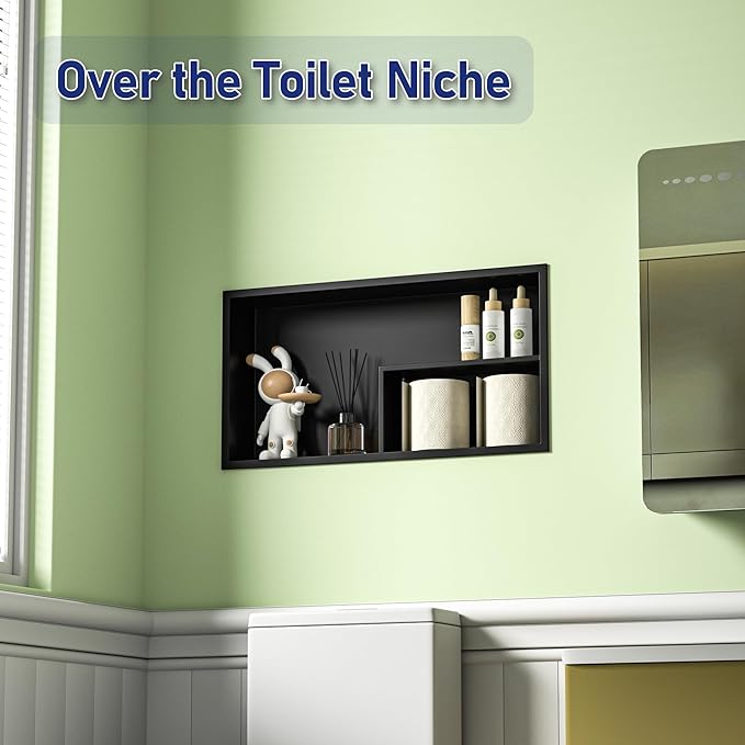Stainless Steel Shower Niche 12"×24" Matte Black No Tiled Needed Horizontal Niche Shower for Bathroom Wall Recessed Shower Shelf