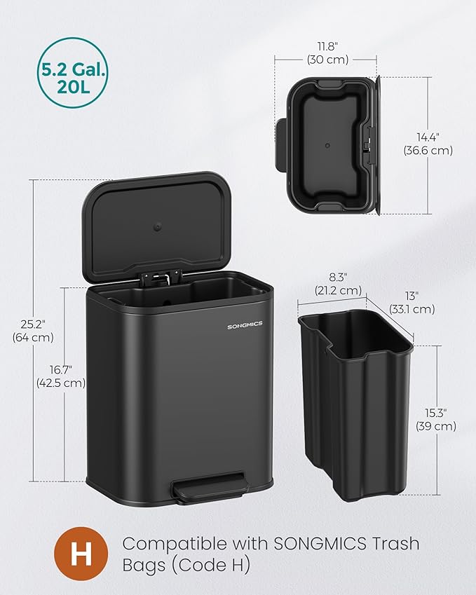 SONGMICS Kitchen Trash Can, 5.2-Gallon (20L) Garbage Can with Lid, Stainless Steel, Soft Close and Stays Open, Inner Bucket, Wide Non-Slip Pedal, Ink Black ULTB542B20
