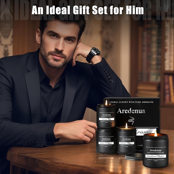 Mens Candle Set β Manly Candles for Men, 4 Pack Soy Candles for Home Scented, Masculine Candle Gift Set - Includes Sandalwood Leather, Whiskey Tobacco, Amber Patchouli & Vintage Oak