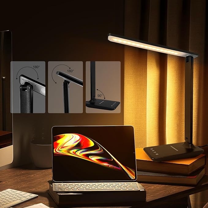 karidi LED Desk Lamp with Wireless Charger, Dimmable Table Lamp Reading Lamp with USB Charging Port, 5 Lighting Modes, Sensitive Control, Foldable Portable Desk Light for Home Office Bedroom Reading